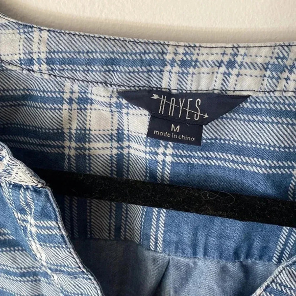 Hayes Plaid Cotton Blend Henley 3 Button Down Western Shirt Blue White Size M - Picture 3 of 10